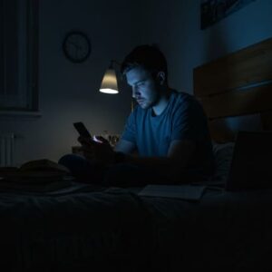 homem de 30 anos sentado na cama olhando para a tela do celular