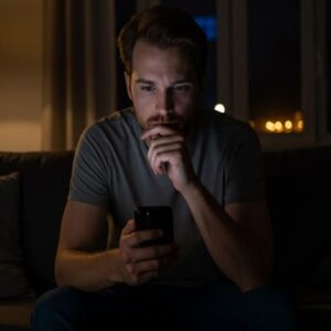 Homem de meia idade olhando para a tela do celular vendo imagens de mulheres