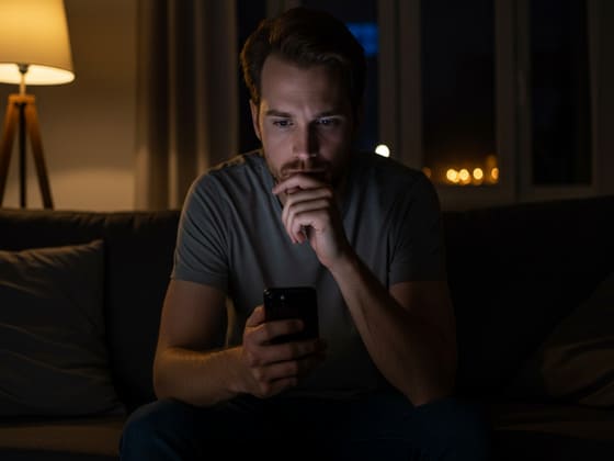 Homem de meia idade olhando para a tela do celular vendo imagens de mulheres