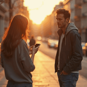 um casal, ambos na rua. ele com a mão no bolso, timido enquanto ela tecla no smartphone
