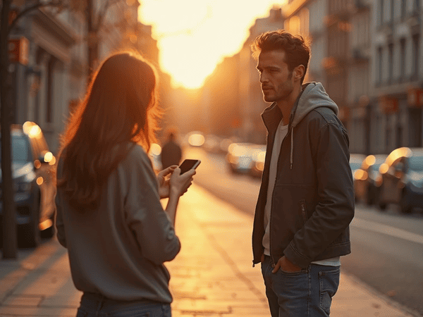 um casal, ambos na rua. ele com a mão no bolso, timido enquanto ela tecla no smartphone